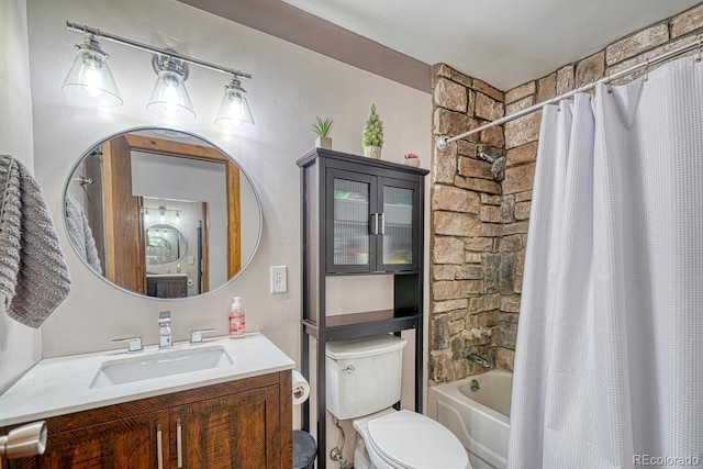 full bathroom with toilet, shower / bath combination with curtain, and vanity