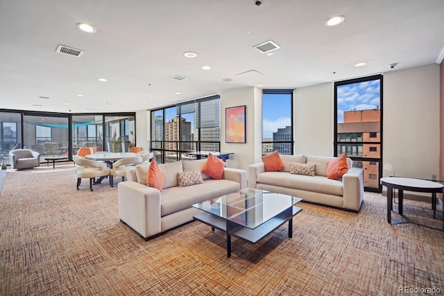 1625 Larimer St Unit 3004, Denver, CO 80202 - living area featuring expansive windows, light carpet, and recessed lighting