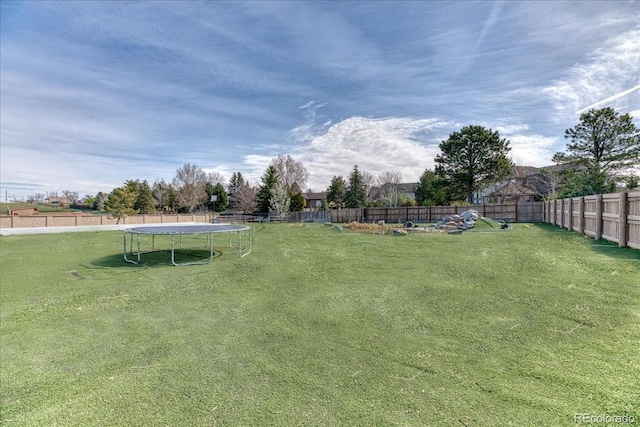view of yard featuring a trampoline and a fenced backyard