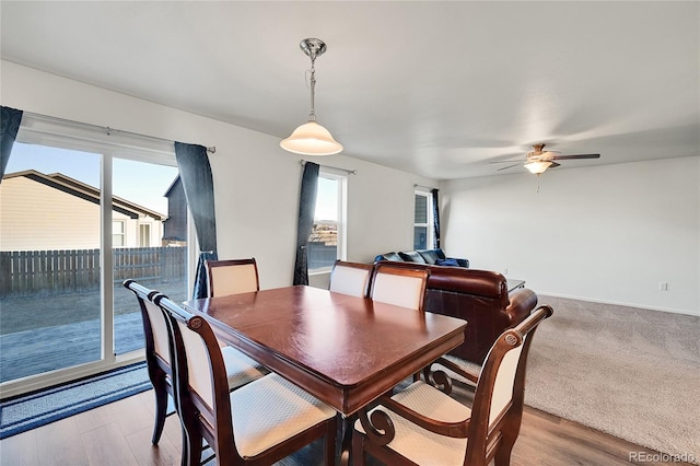 dining room featuring plenty of natural light, light hardwood / wood-style floors, and ceiling fan