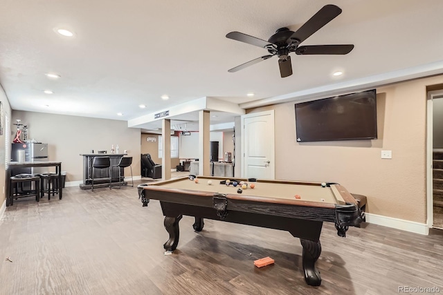 10811 Chambers Way, Commerce City, CO 80022 - game room with light wood-style flooring, a bar, baseboards, billiards, and recessed lighting