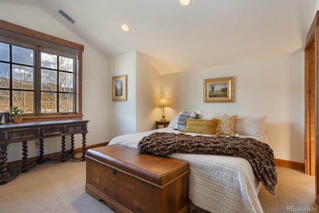 carpeted bedroom featuring baseboards, visible vents, vaulted ceiling, and recessed lighting