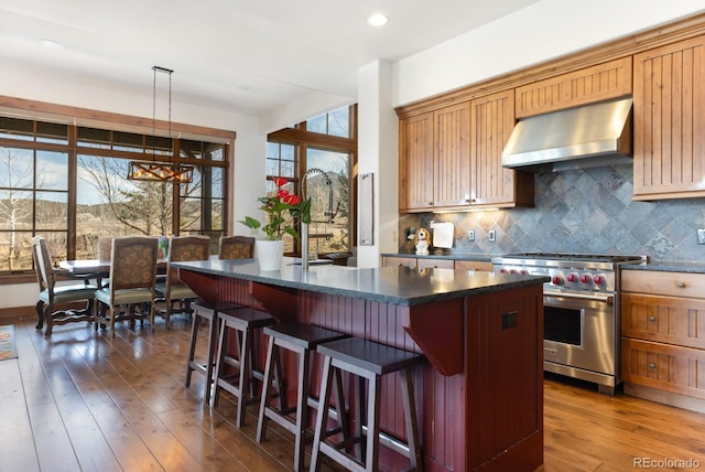 kitchen with dark wood finished floors, luxury range, decorative backsplash, and ventilation hood