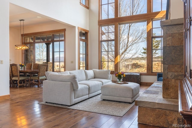 living area with hardwood / wood-style floors, a towering ceiling, and baseboards