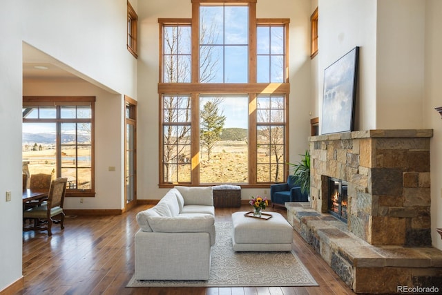 living area with hardwood / wood-style floors, a towering ceiling, a stone fireplace, and baseboards