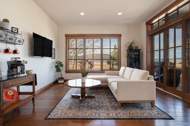 living area with hardwood / wood-style floors, baseboards, and recessed lighting