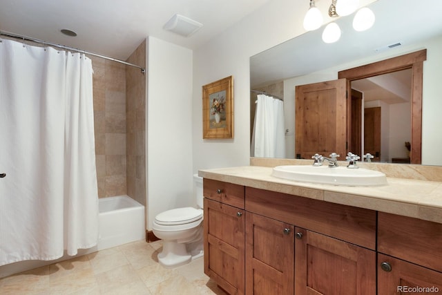 full bath with tile patterned flooring, vanity, toilet, visible vents, and shower / bath combo with shower curtain
