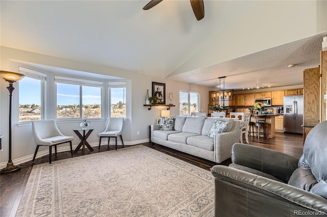 living area with baseboards, lofted ceiling, dark wood-type flooring, a textured ceiling, and ceiling fan with notable chandelier