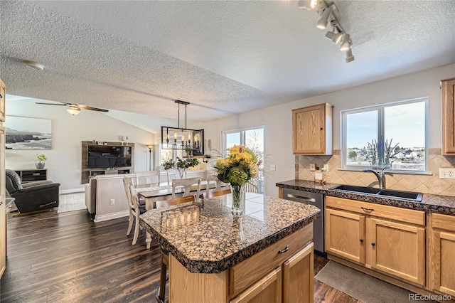 kitchen featuring tile countertops, stainless steel dishwasher, a sink, and dark wood-style floors