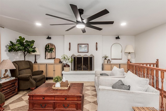 9861 Pecos St, Thornton, CO 80260 - living room with ceiling fan, a fireplace, and recessed lighting