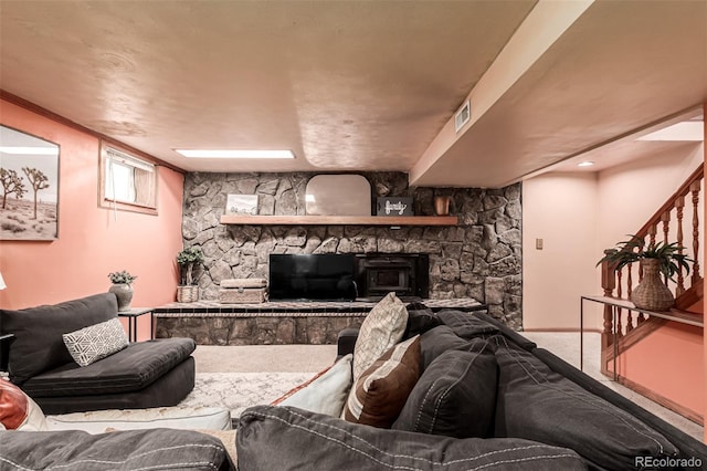 9861 Pecos St, Thornton, CO 80260 - living room featuring a stone fireplace and carpet flooring