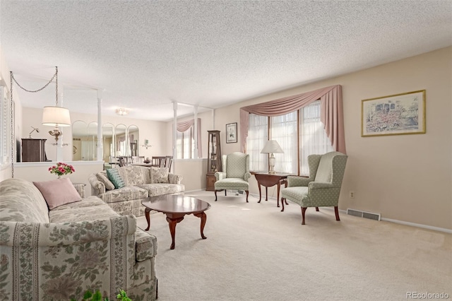 living room featuring a textured ceiling and carpet flooring