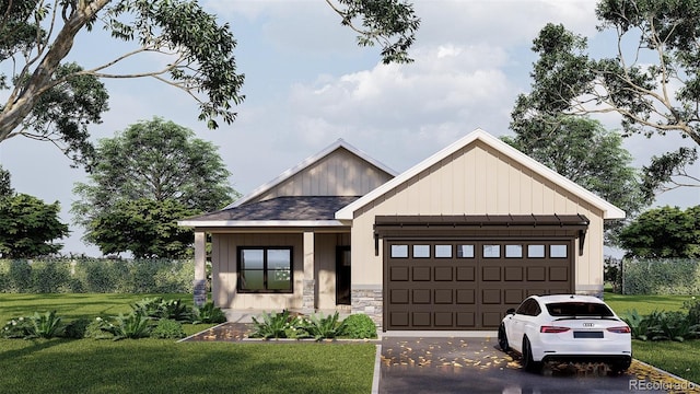 view of front of property with a porch, a garage, and a front yard