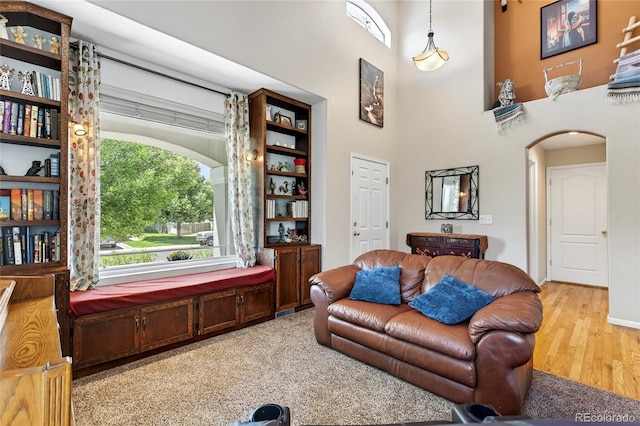 4737 E 127th Ave, Thornton, CO 80241 - living area with arched walkways, wood finished floors, and a high ceiling
