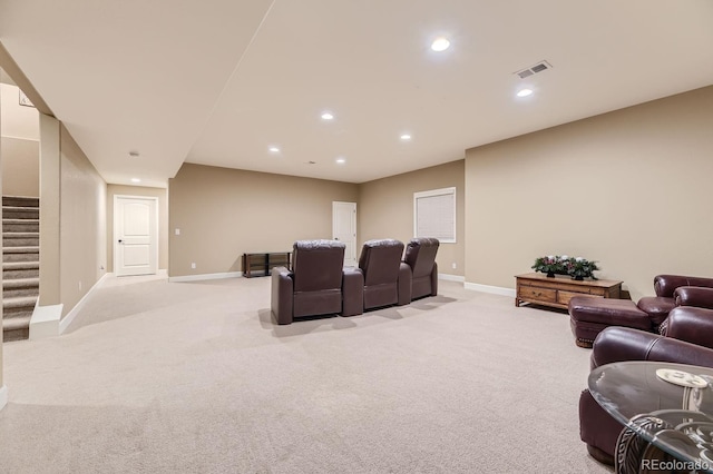 cinema with baseboards, recessed lighting, visible vents, and light colored carpet