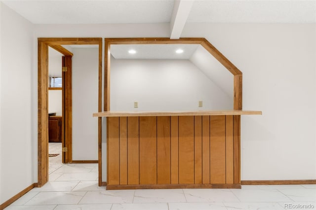 2696 S Yukon Ct, Lakewood, CO 80227 - bar area featuring recessed lighting, light marble finish floors, and beamed ceiling