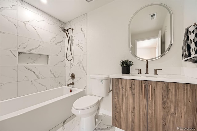 full bathroom with marble finish flooring, toilet, vanity, bathing tub / shower combination, and baseboards