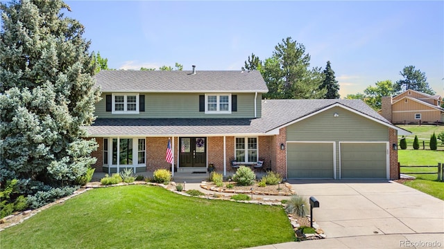6795 E Kettle Ave, Centennial, CO 80112 - traditional-style home featuring a garage, covered porch, concrete driveway, brick siding, and a shingled roof