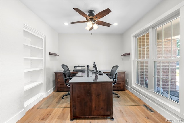6795 E Kettle Ave, Centennial, CO 80112 - office space with a ceiling fan, light wood-style floors, built in features, and recessed lighting