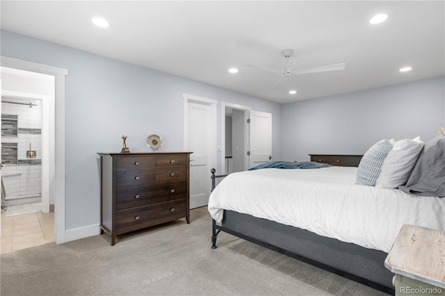 6795 E Kettle Ave, Centennial, CO 80112 - bedroom with recessed lighting, light carpet, a ceiling fan, and connected bathroom