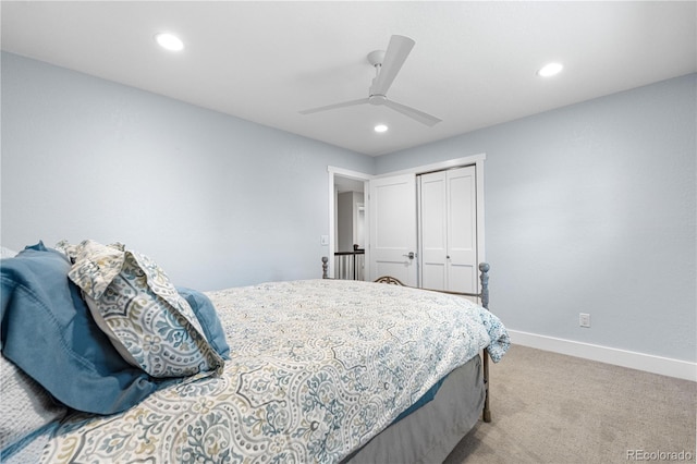 6795 E Kettle Ave, Centennial, CO 80112 - bedroom with light colored carpet, recessed lighting, a closet, and ceiling fan