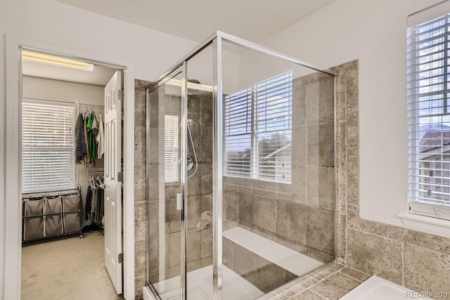 bathroom featuring plenty of natural light and a shower with shower door