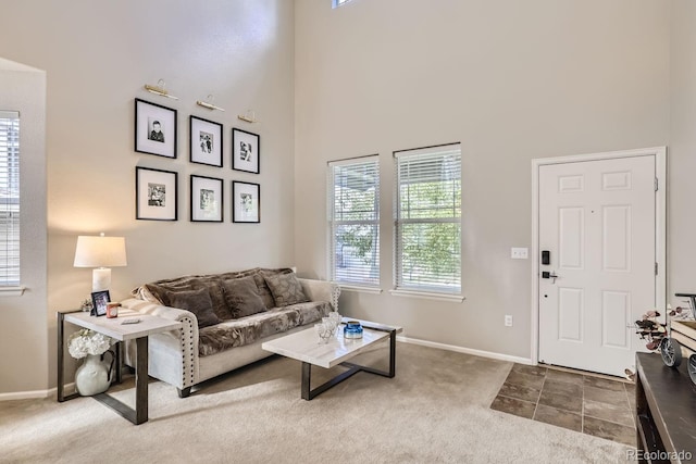 living room featuring carpet flooring and a high ceiling