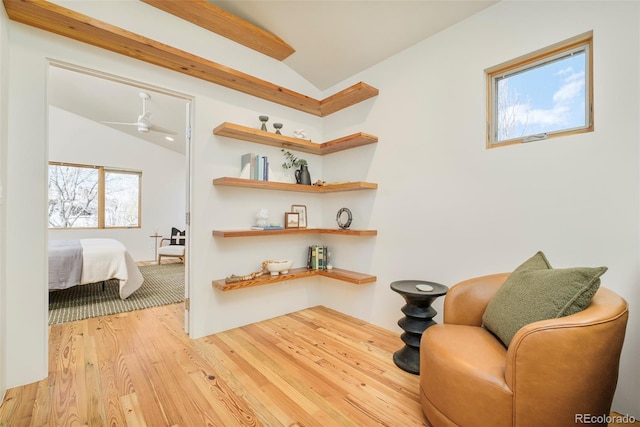 interior space with vaulted ceiling, wood finished floors, and a ceiling fan