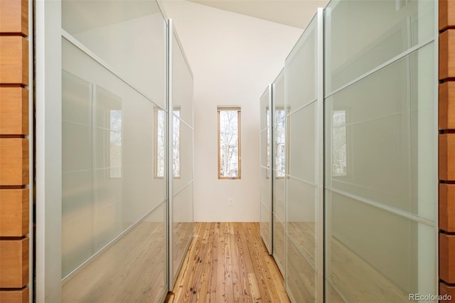 bathroom featuring a shower with shower door and wood finished floors