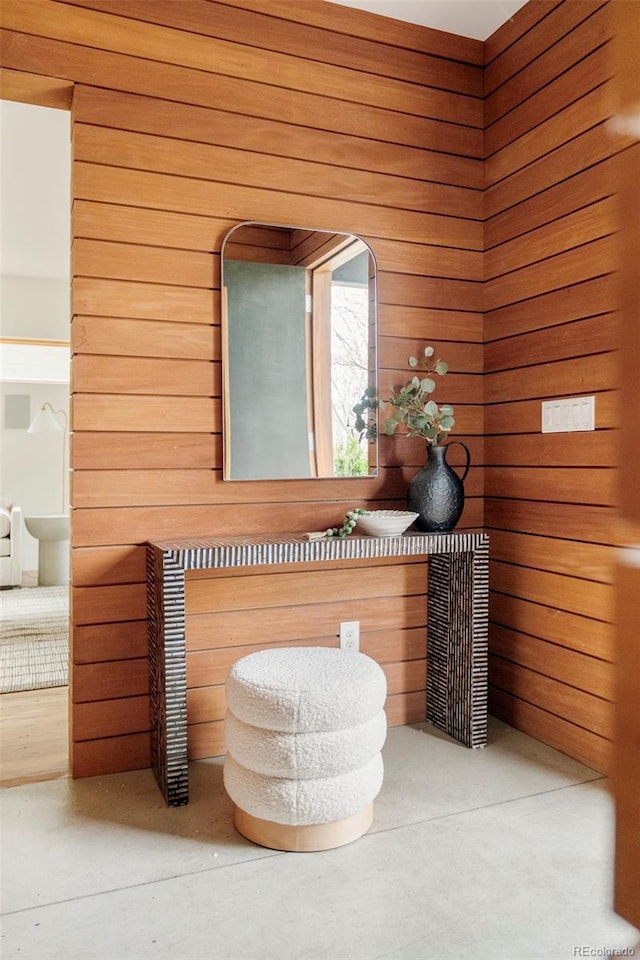 room details featuring arched walkways and wooden walls