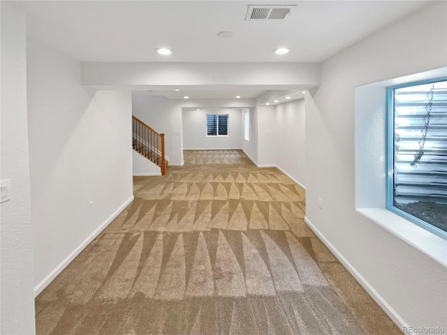 2180 Trailblazer Way, Castle Rock, CO 80109 - hall featuring carpet floors, stairs, baseboards, and recessed lighting