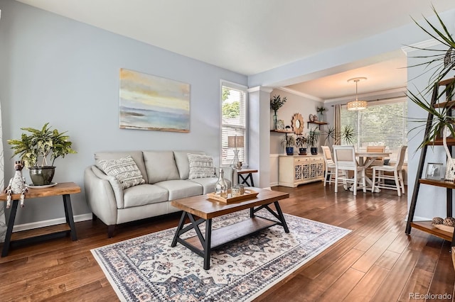 16341 Maple Rock Ct, Parker, CO 80134 - living room featuring wood finished floors, baseboards, and ornamental molding