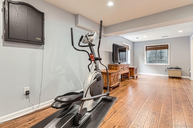 16341 Maple Rock Ct, Parker, CO 80134 - exercise area featuring light wood finished floors, baseboards, and recessed lighting