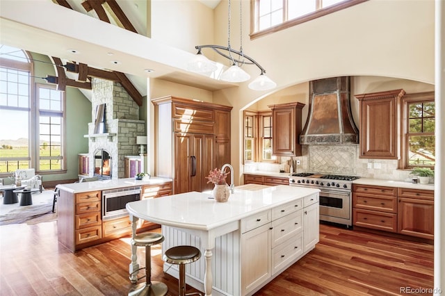 kitchen featuring appliances with stainless steel finishes, premium range hood, high vaulted ceiling, light countertops, and plenty of natural light