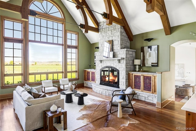 living room with wood finished floors, high vaulted ceiling, baseboards, a stone fireplace, and plenty of natural light