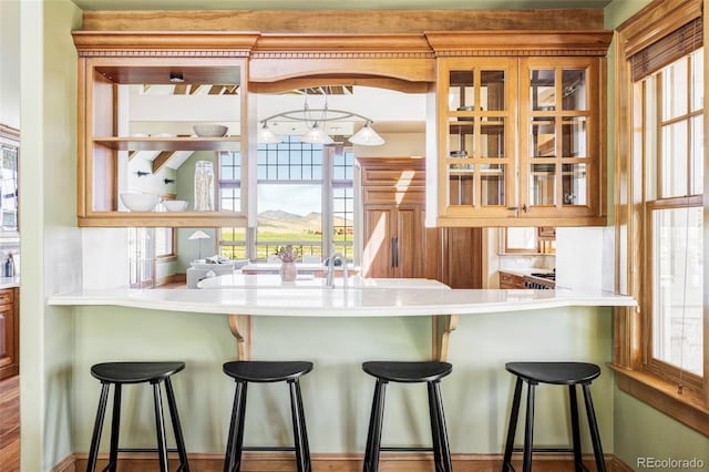kitchen featuring glass insert cabinets, a peninsula, and a kitchen breakfast bar