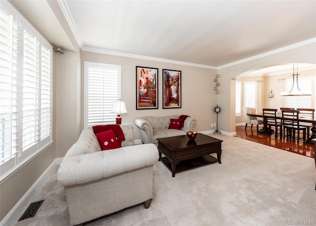 1530 Woodrose Ct, Colorado Springs, CO 80921 - living room with arched walkways, ornamental molding, baseboards, and carpet floors