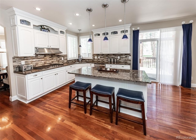 1530 Woodrose Ct, Colorado Springs, CO 80921 - kitchen featuring under cabinet range hood, plenty of natural light, a kitchen bar, white cabinetry, and recessed lighting