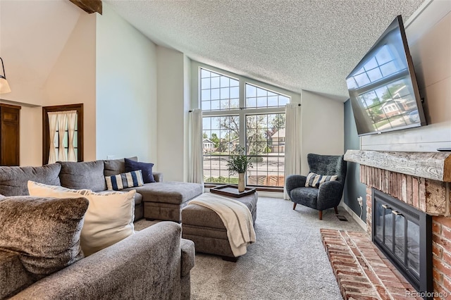 8820 W 80th Dr, Arvada, CO 80005 - carpeted living area featuring a fireplace, a textured ceiling, and high vaulted ceiling