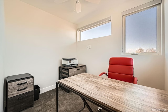 427 Milwaukee St, Denver, CO 80206 - home office featuring baseboards, carpet, and ceiling fan