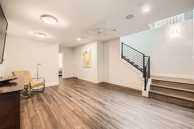 427 Milwaukee St, Denver, CO 80206 - unfurnished room with baseboards, a ceiling fan, stairs, and wood finished floors