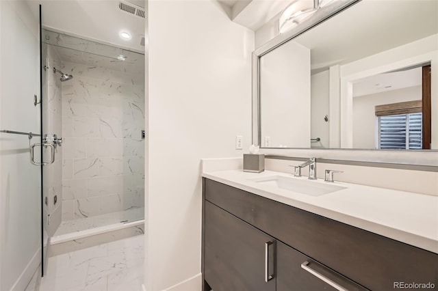 427 Milwaukee St, Denver, CO 80206 - full bathroom with baseboards, visible vents, a shower stall, and marble finish floor