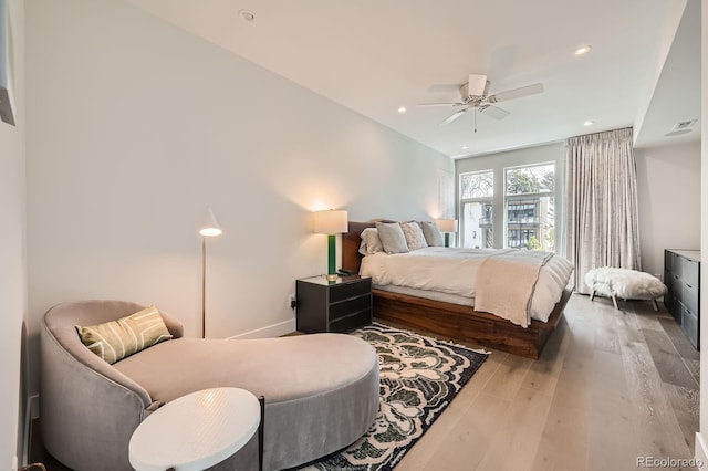 427 Milwaukee St, Denver, CO 80206 - bedroom featuring recessed lighting, ceiling fan, visible vents, and wood finished floors