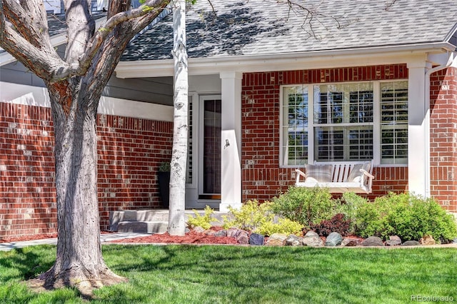 13777 W Amherst Way, Lakewood, CO 80228 - doorway to property featuring a shingled roof, brick siding, and covered porch