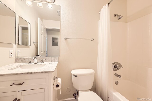 1148 Opal St Unit 101, Broomfield, CO 80020 - bathroom featuring toilet, electric panel, shower / tub combo, and vanity
