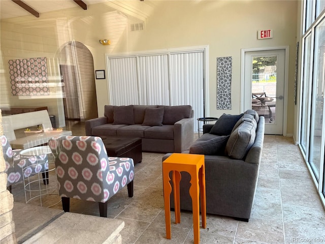 1148 Opal St Unit 101, Broomfield, CO 80020 - living room featuring beamed ceiling and high vaulted ceiling