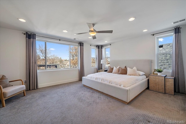 bedroom with baseboards, carpet, visible vents, and recessed lighting