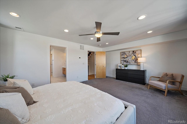 bedroom featuring carpet, visible vents, baseboards, and recessed lighting