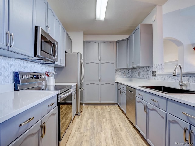 kitchen featuring tasteful backsplash, sink, light hardwood / wood-style flooring, and stainless steel appliances