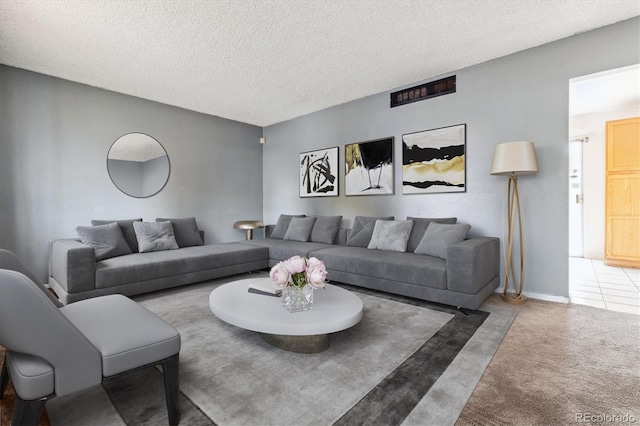 living room featuring a textured ceiling and light carpet